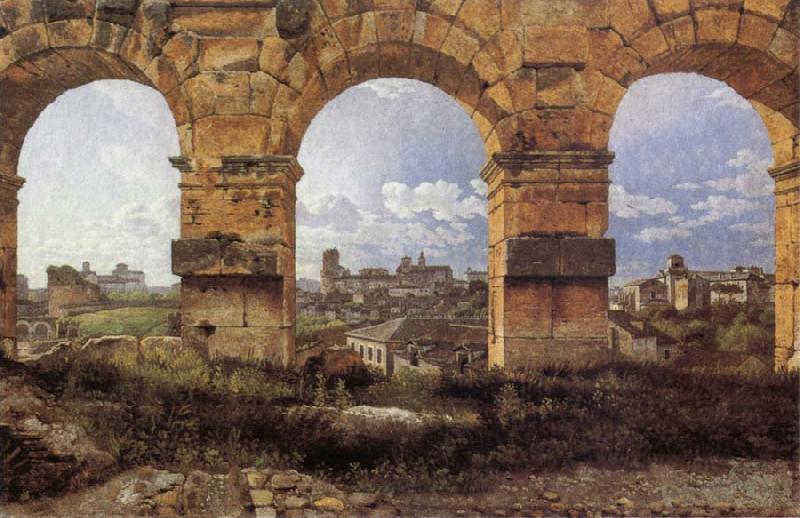 Christoffer Wilhelm Eckersberg View through three northwest arches of the Colossum in Rome,Storm gathering over the city oil painting image